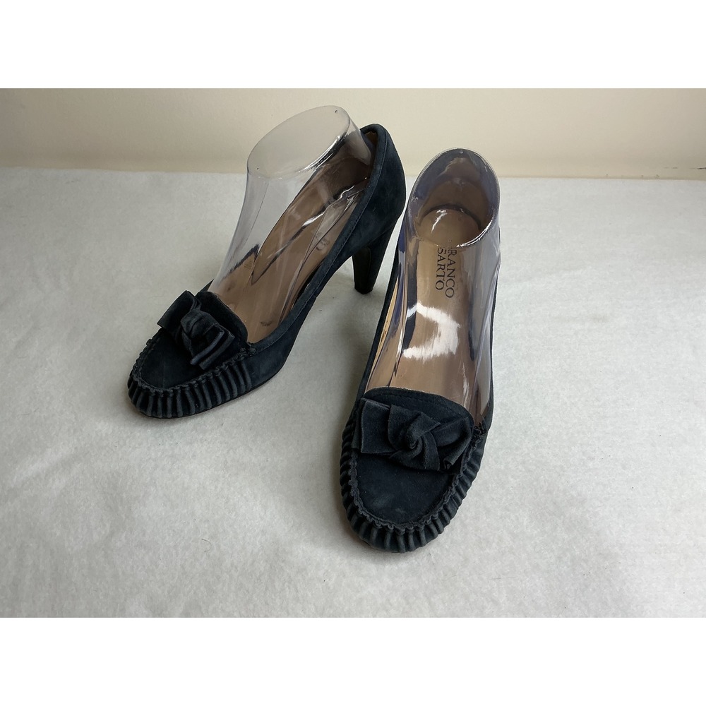 Franco Sarto Womens L-Happy Navy Blue Suede Moccasin Toe Bow Pumps Heels 7M